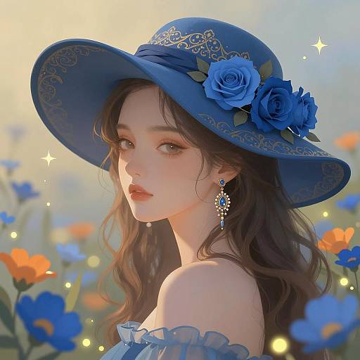Woman in Ornate Blue Hat with Roses