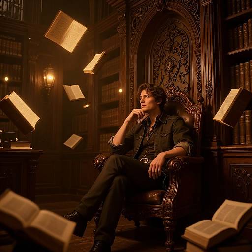 Photograph of a young man with dark hair, in a dark jacket, sitting on an ornate wooden chair in a dimly lit, vintage library