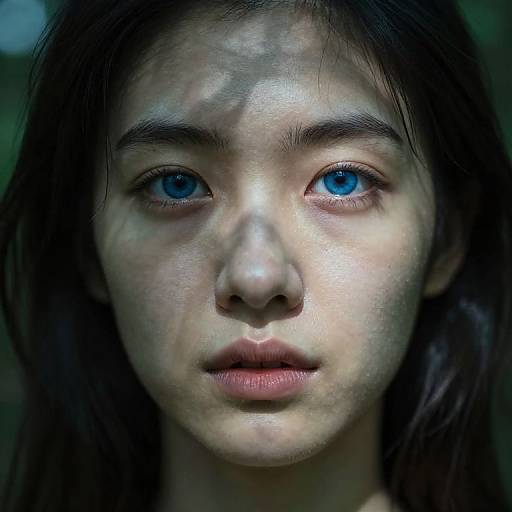 Close-up photograph of an East Asian woman with striking blue eyes, pale skin, and dark hair, illuminated by soft light.