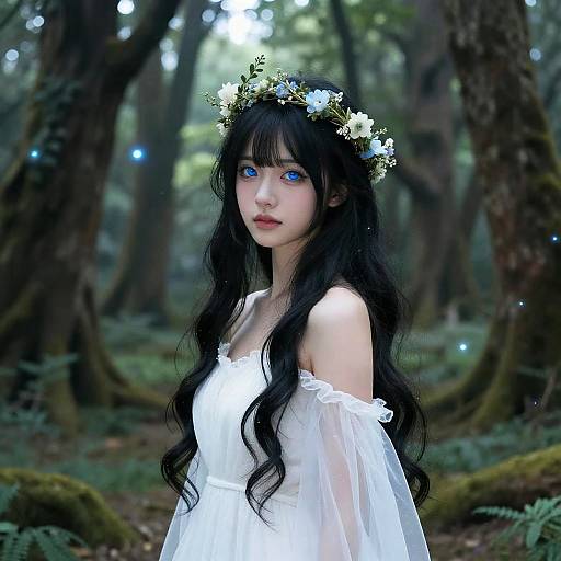 Photorealistic digital artwork of a pale, blue-eyed woman with long black hair, wearing a white floral crown and off-shoulder white dress,