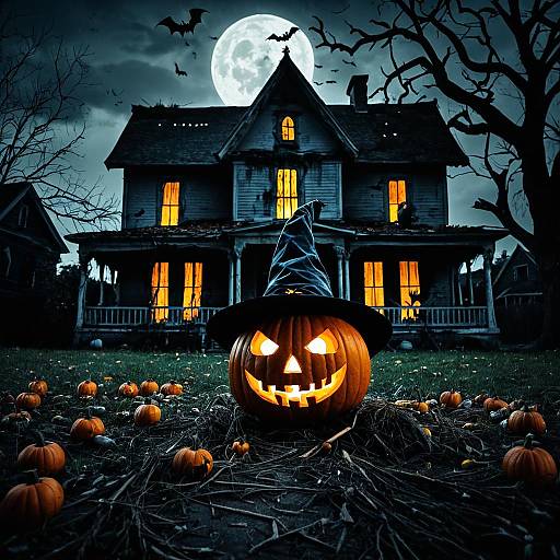 Jack-o'-lantern with Witch Hat in Front of Haunted House
