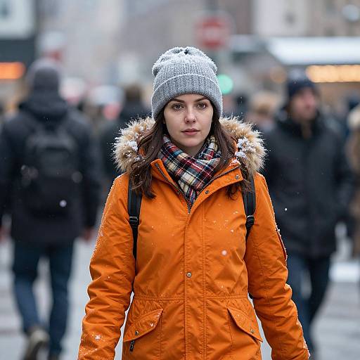 Photograph of a young woman with fair skin and dark brown hair, wearing a gray knit hat, orange parka with fur trim, and plaid