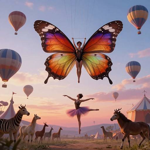 Digital artwork of a fairy with large, colorful butterfly wings soaring above a whimsical circus-like landscape with hot air balloons, zebra, antelope,