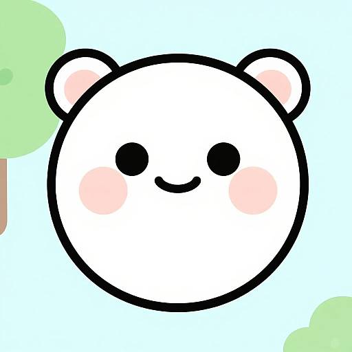 Cute digital drawing of a white, round bear face with black eyes, small smile, pink blush, and black ears, set against a blue background