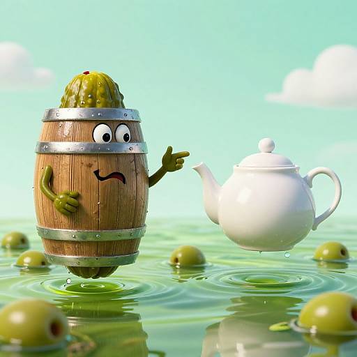 CGI cartoon: Wooden barrel with green cactus head, wide eyes, and worried expression, points at floating white teapot on water with green c