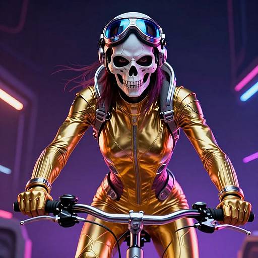 CGI image of a skull-masked woman in a shiny gold suit, riding a motorcycle, with neon lights in the background.