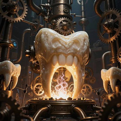 Digital artwork of a glowing, molten tooth with fiery core, surrounded by intricate, steam-powered machinery and gears in a dark, industrial setting.