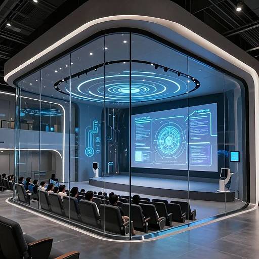Modern conference room photograph with a large, illuminated screen displaying technical blue diagrams. Audience seated in black chairs, surrounded by glass walls and white ceiling lights.