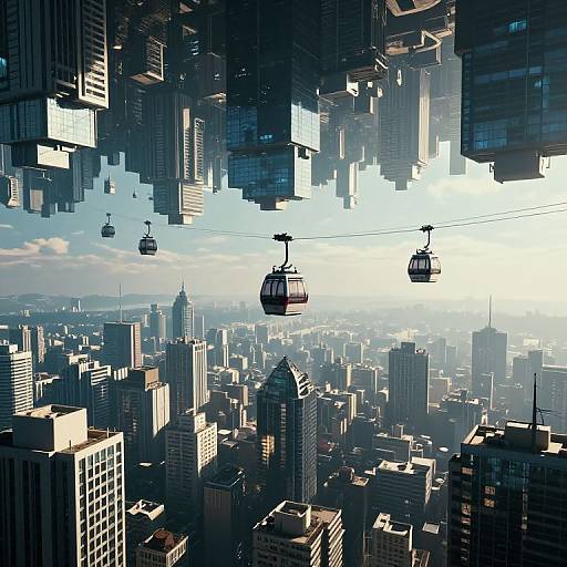 CGI cityscape of skyscrapers with futuristic, hanging cable cars, bright sunlight, and a hazy horizon. Modern, urban, and dynamic