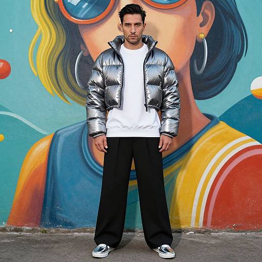 Confident Man in Metallic Silver Puffer