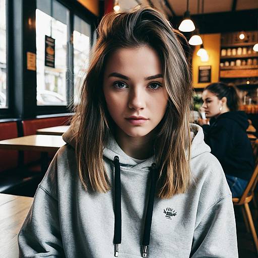 Teenage Girl with Babylights Hairstyle in Café