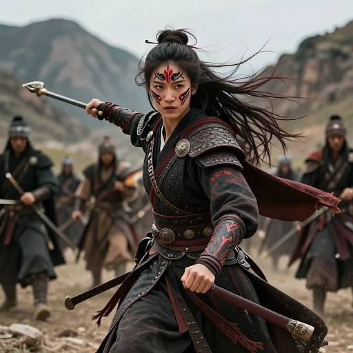 Photograph of fierce Asian warrior woman with black hair, face paint, and samurai armor, leading army in mountainous landscape. She wields sword