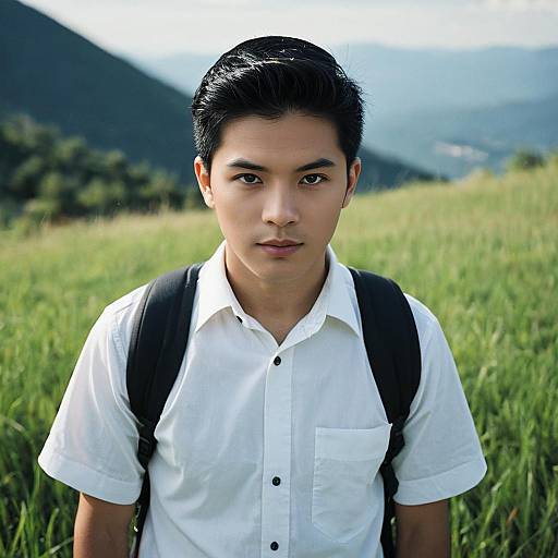 Young Asian Man Outdoors in White Shirt