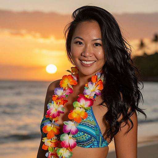 Photograph of a smiling Asian woman with long black hair, wearing a colorful flower lei and blue patterned bikini, against a sunset beach background.