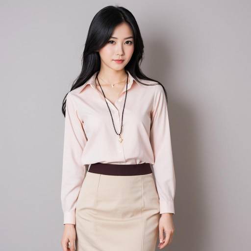Elegant Asian Woman in Light Pink Blouse and Beige Skirt