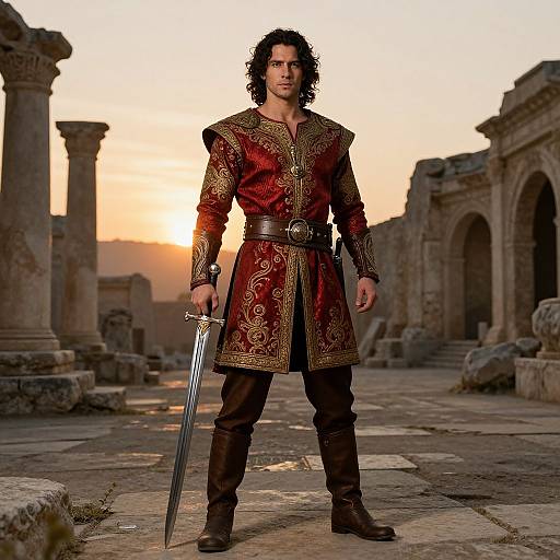 Handsome Warrior in Ruined Courtyard
