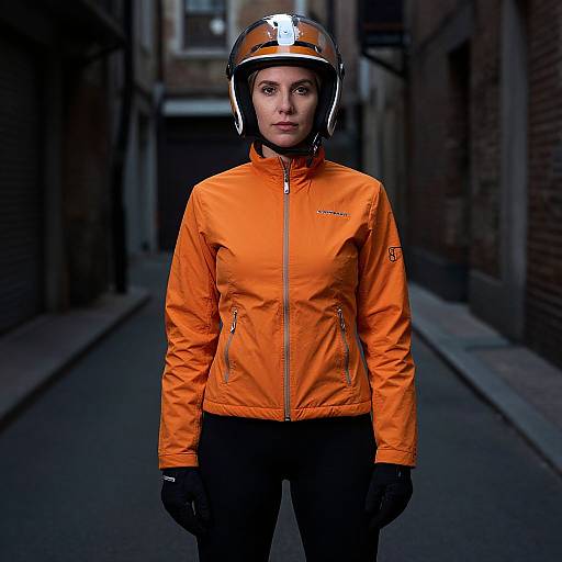Photograph of a serious woman in an orange jacket, black pants, and helmet, standing in a dark, narrow alley at night.