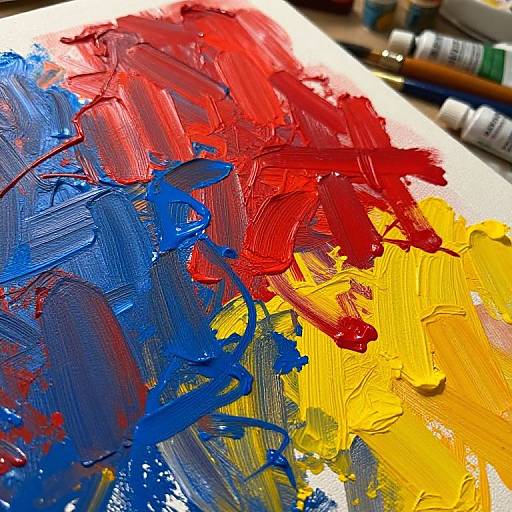 Close-up photograph of vibrant oil paint strokes on a white canvas, featuring bold red, blue, and yellow colors with visible texture. Paintbrushes and