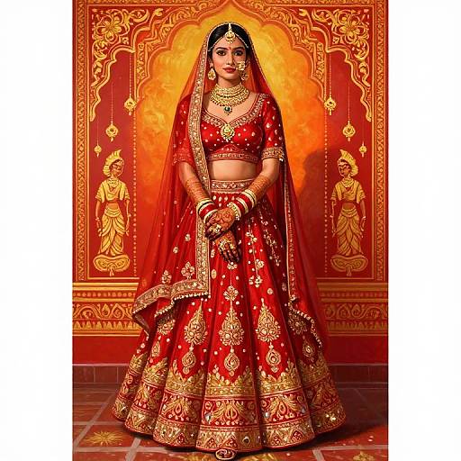 Digital illustration of a South Asian bride in a red and gold traditional lehenga, veil, and jewelry, standing against an ornate red and gold pattern