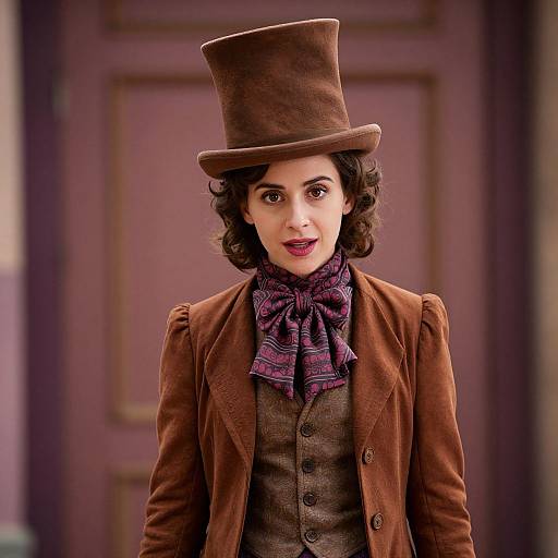 Photograph of a woman with curly dark hair, wearing a brown top hat, brown velvet jacket, gray vest, purple patterned scarf, and dark
