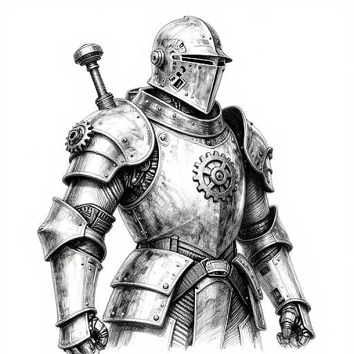 Detailed black-and-white digital sketch of a medieval knight in full plate armor, featuring a helmet, shoulder pauldrons, and a gear emblem on the