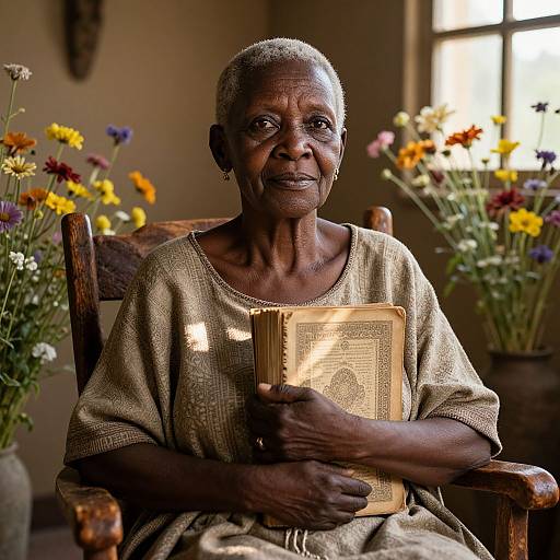 Photograph of an elderly African woman with short gray hair, wearing a beige textured dress, holding a gold book, seated in a room with colorful flowers