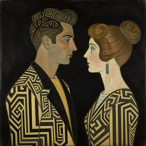 Art Deco-style painting of a man and woman in profile, facing each other, wearing black and gold geometric patterned clothing.