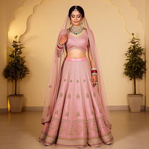 Photograph of an Indian bride in a pink embroidered lehenga, matching dupatta, and jewelry, standing in a warmly lit room with potted plants