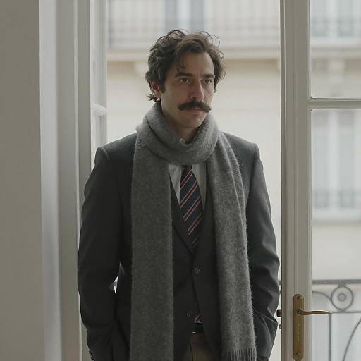 Man in Suit with Gray Scarf Standing by Doorway