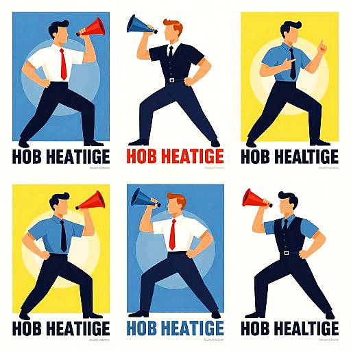 Colorful digital illustration of six stylized, cartoon men in suits, each blowing red or blue trumpets, labeled 