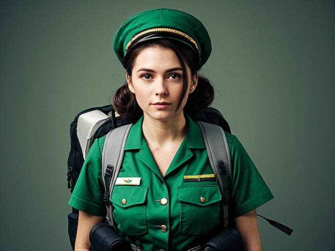 Woman in Green Uniform with Backpack