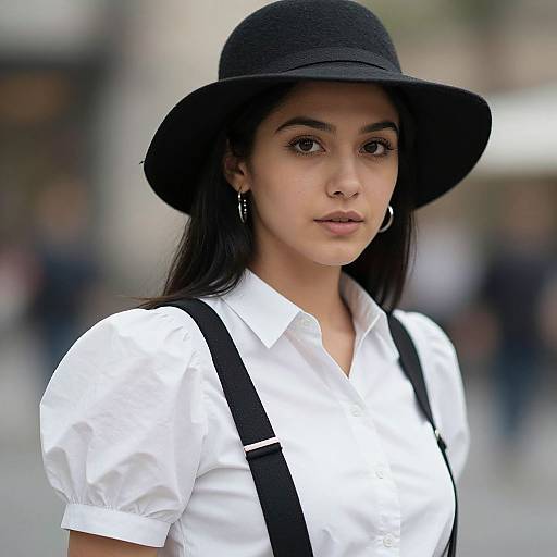 Photograph of a young woman with olive skin, dark hair, wearing a black hat, white shirt, black suspenders, and hoop earrings, standing