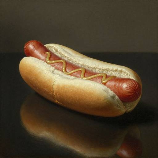 Photograph of a classic hot dog with a glossy red sausage, golden-brown bun, and mustard zigzag on a black reflective surface.