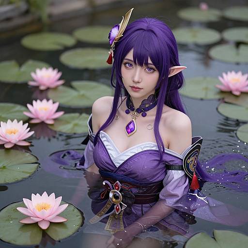 CGI fantasy artwork of a purple-haired, elven woman with pointed ears, wearing a detailed, off-shoulder dress, emerging from a l