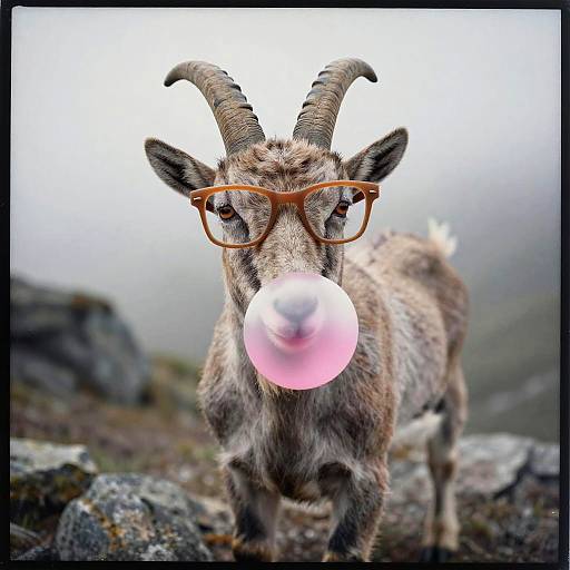 Hill Goat Wearing Glasses Blowing Bubblegum