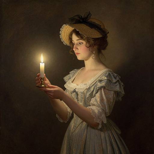 Victorian-style portrait of a young woman with fair skin and curly brown hair, wearing a lace-trimmed dress and straw hat, holding a