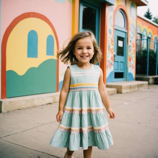 Smiling Toddler Girl in Pastel Dress Outside Colorful Kindergarten