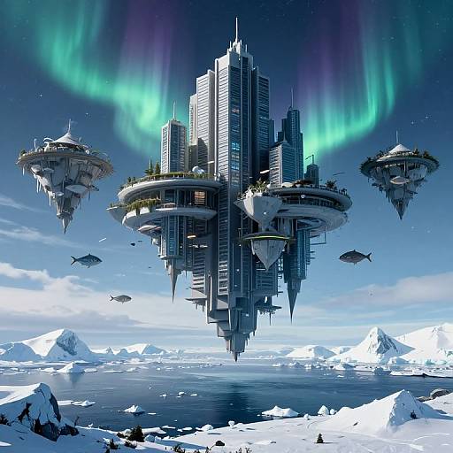 Digital art of a futuristic cityscape floating above icy waters, surrounded by aurora lights, with floating islands and fish below.