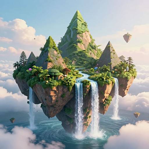 Digital fantasy artwork of a floating, lush island with waterfalls, greenery, and pine trees, surrounded by fluffy clouds and sky.