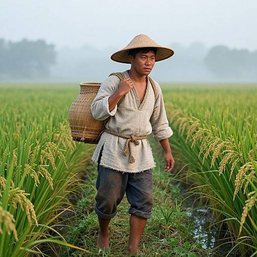 Vibrant Rice Farmer in Misty Field