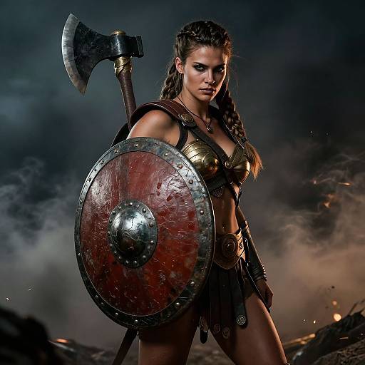Photograph of a fierce, muscular woman in Viking armor, holding an axe and shield, standing in a smoky, battle-scarred landscape.