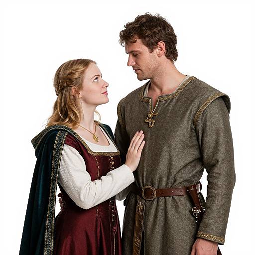 Photograph of a blonde woman in a medieval dress and cape, gently touching a brown-haired man in a gray tunic, looking at each other with