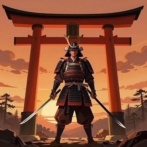 Samurai with Swords at Torii Gate Sunset