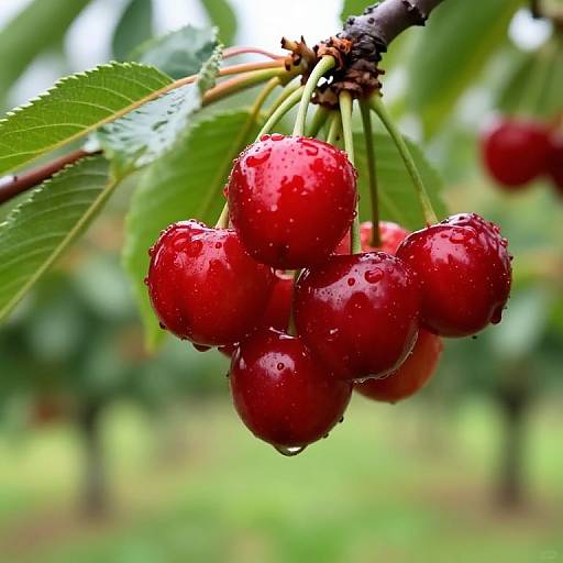 Close-up photograph of a cluster of bright red, water-dropped cherries on a green leafy branch, with a blurred garden background.