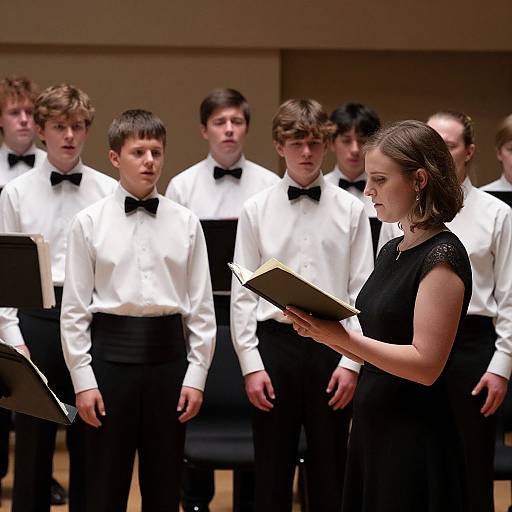 Photograph of a female conductor in a black dress, holding a music sheet, leading a group of male teenagers in white tuxedos with black