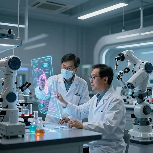 Photograph of two Asian male scientists in white lab coats, wearing masks, analyzing data on a glowing tablet in a modern, brightly lit laboratory with micro