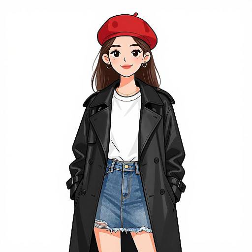 Digital anime-style drawing of a smiling woman with long brown hair, red beret, black coat, white t-shirt, and blue denim skirt.