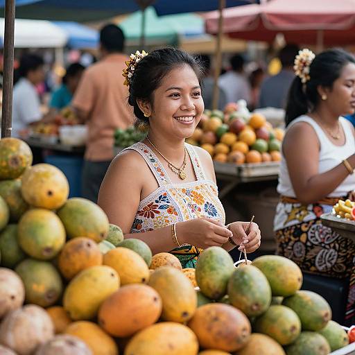 Photograph of a smiling Asian woman with dark hair in a floral top, standing at a vibrant fruit market, surrounded by yellow and green mangoes,