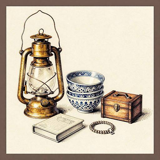 Vintage Still Life Ink Drawing