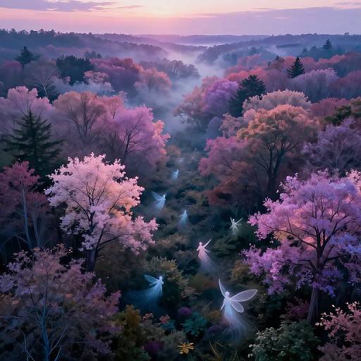 Digital artwork of a magical forest at sunset, featuring glowing, ethereal butterflies among pink and purple-tinted trees, with mist rising in the background